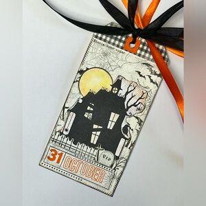 XL Haunted House Oct. 31st Gift Tag w/ Black & Orange Ribbons
6 1/4” x 3 1/4”
